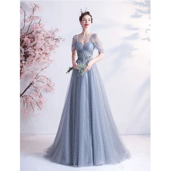 Chic / Belle Gris Robe De Bal 2021 Princesse Encolure Carrée Manches Courtes Dos Nu Perlage Perle En Dentelle Fleur Longue Promo Robe De Ceremonie
