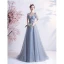 Chic / Belle Gris Robe De Bal 2021 Princesse Encolure Carrée Manches Courtes Dos Nu Perlage Perle En Dentelle Fleur Longue Promo Robe De Ceremonie