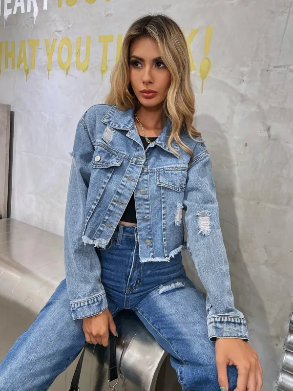 Mode Ocean Blå Trasiga Gatukläder Denim Rockar & Jackor 2021 Covered Button Omslags Damtoppar