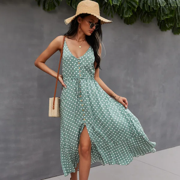 Fashion Summer Street Wear Resort Wear Beach Blushing Pink Spotted Women Dresses 2021 V-Neck Sleeveless Covered Button Sash Loose Tea-length