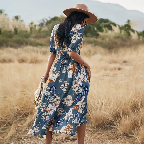Bohemia Black Summer Resort Wear Street Wear Beach Loose Floral Maxi Dresses 2021 V-Neck Short Sleeve Women