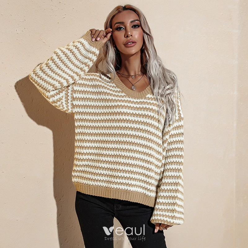 Womens Casual Long Sleeve V Neck Ribbed Knit Striped Pullover, Golf,5 and  Under Items,top Deals of The Day,Gifts Under 5 Dollars for Women Green