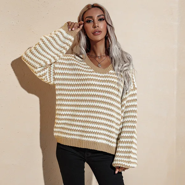 Mode Vert Tricot Rayé Vêtement de rue Ample Chandails 2021 Coton V-Cou Manches Longues Hauts