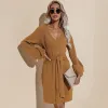 Summer Street Wear Resort Wear Burgundy Solid Color Regular Women Dresses 2021 V-Neck Sash Long Sleeve
