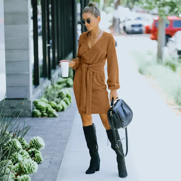Fall Winter Street Wear Sky Blue Regular Women Dresses 2021 Cotton V Neck  Long Sleeve Sash