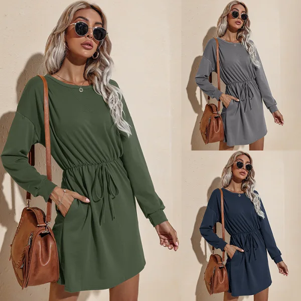 Fall Winter Grey Street Wear Women Dresses 2021 Scoop Neck Bow Sash Regular Long Sleeve