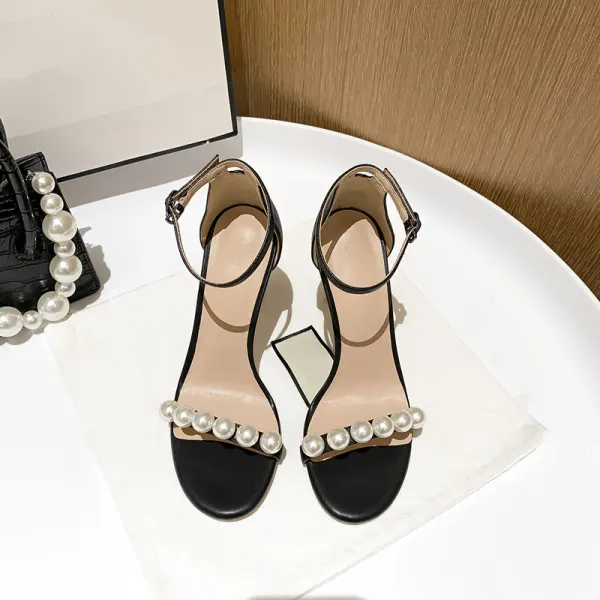 Sexy Blanche Cocktail Soirée Perle Sandales Femme 2021 10 cm Talons Aiguilles Bride Cheville Peep Toes / Bout Ouvert Sandales Talons Hauts