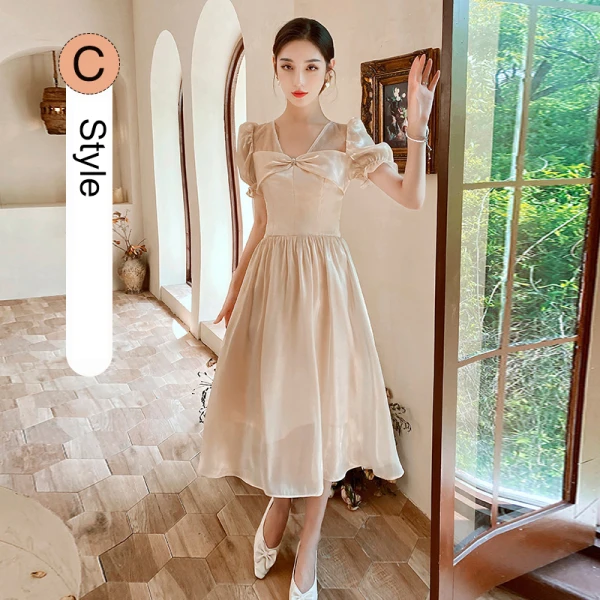 Simple Champagne Noeud Robe Demoiselle D'honneur 2021 Princesse Manches Courtes Thé Longueur Demoiselle D'honneur Robe Pour Mariage