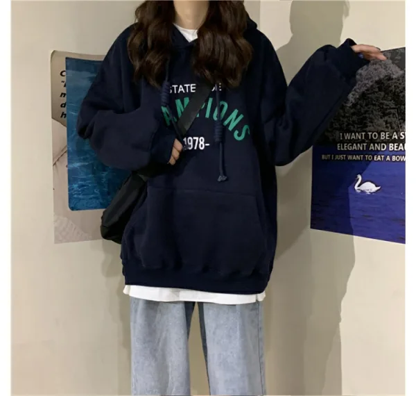 Comfortable Fall Winter Casual Navy Blue Loose Letter Graphic Hooded Sweatshirts 2021 Cotton Long Sleeve Women's Tops