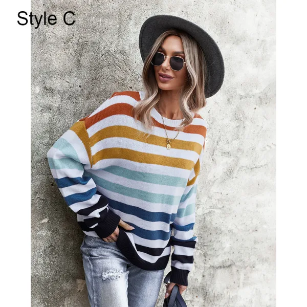 Mode Tomber Hiver Vêtement de rue Multi-Couleurs Bande Ample Chandails 2021 Coton Encolure Dégagée Manches Longues Hauts pour Femmes