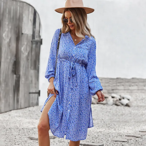 Bohemia Summer Printing Yellow Women Dresses 2021 A-Line / Princess Beach Street Wear Resort Wear V-Neck Sash Long Sleeve Knee-Length