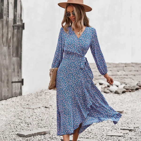 Bohemia Summer Beach Resort Wear Yellow Floral Maxi Dresses 2021 V-Neck Sash Bow Long Sleeve Tea-length