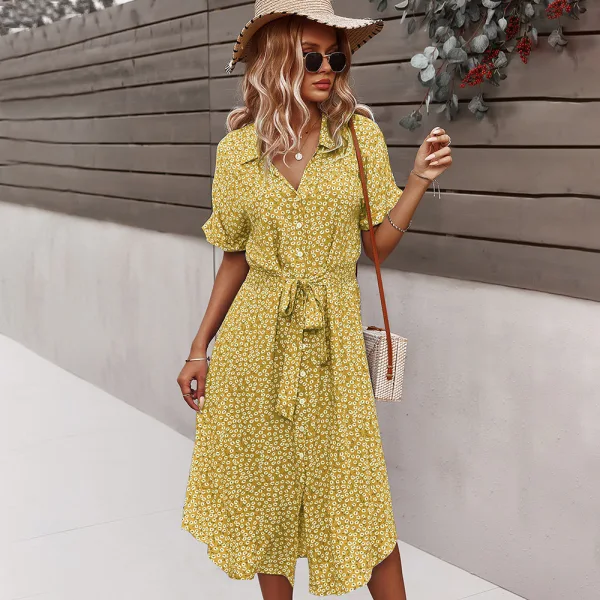 Bohemia Summer Spring Beach Resort Wear Street Wear Red Floral Women Dresses 2021 V-Neck Short Sleeve Loose