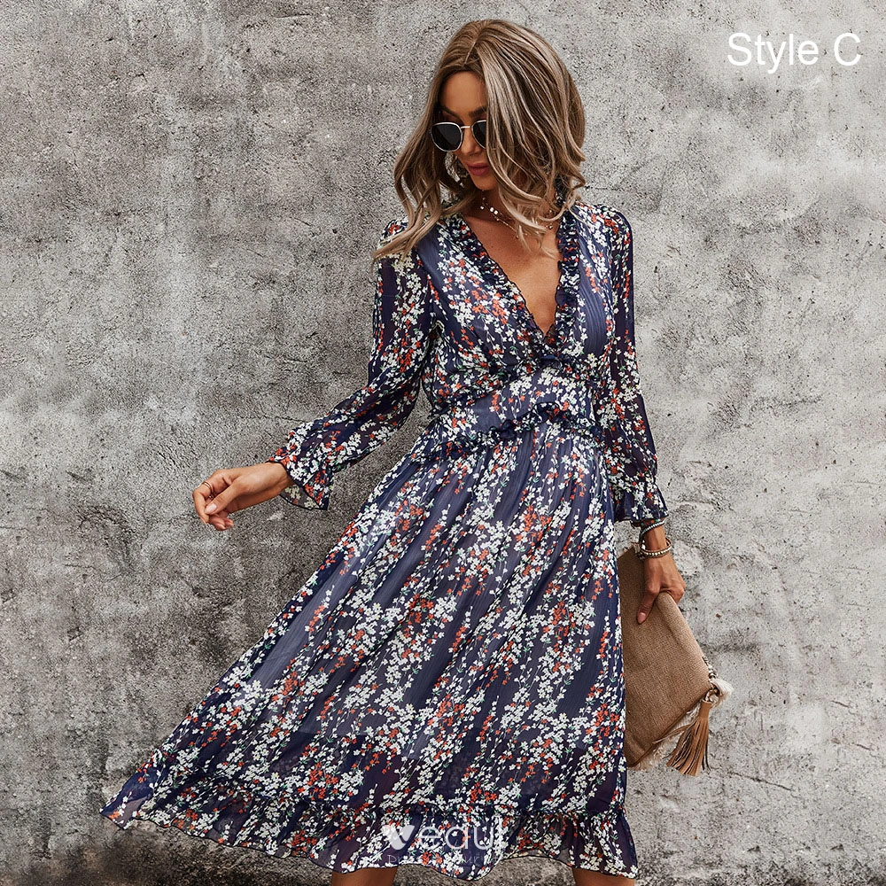 Mooie Prachtige Zomer Voorjaar Resort slijtage Straatkleding Strand Blauw Bloemen Dames Jurken 2021 V Hals Lange Mouwen Los Knielengte