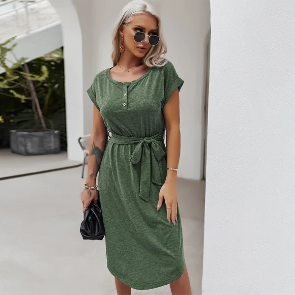 Casual Spring Summer Burgundy Women Dresses 2021 Scoop Neck Bow Short Sleeve Sash Loose