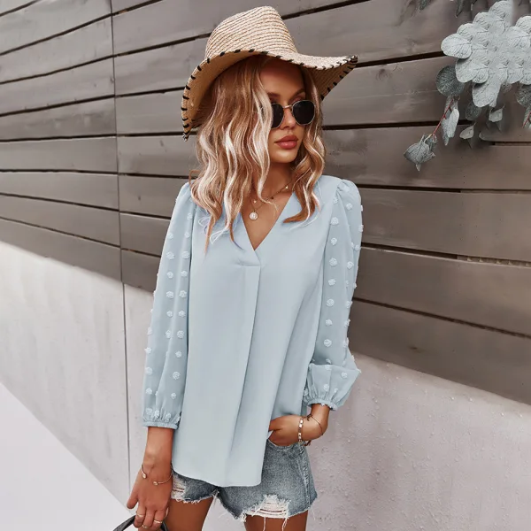 Fashion Spring Summer Blushing Pink Resort Wear Blouses 2021 V-Neck Long Sleeve Loose Women Tops