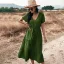 Casual Spring Summer Resort Wear Pool Blue Women Dresses 2021 V-Neck Short Sleeve Sash Tea-length Loose