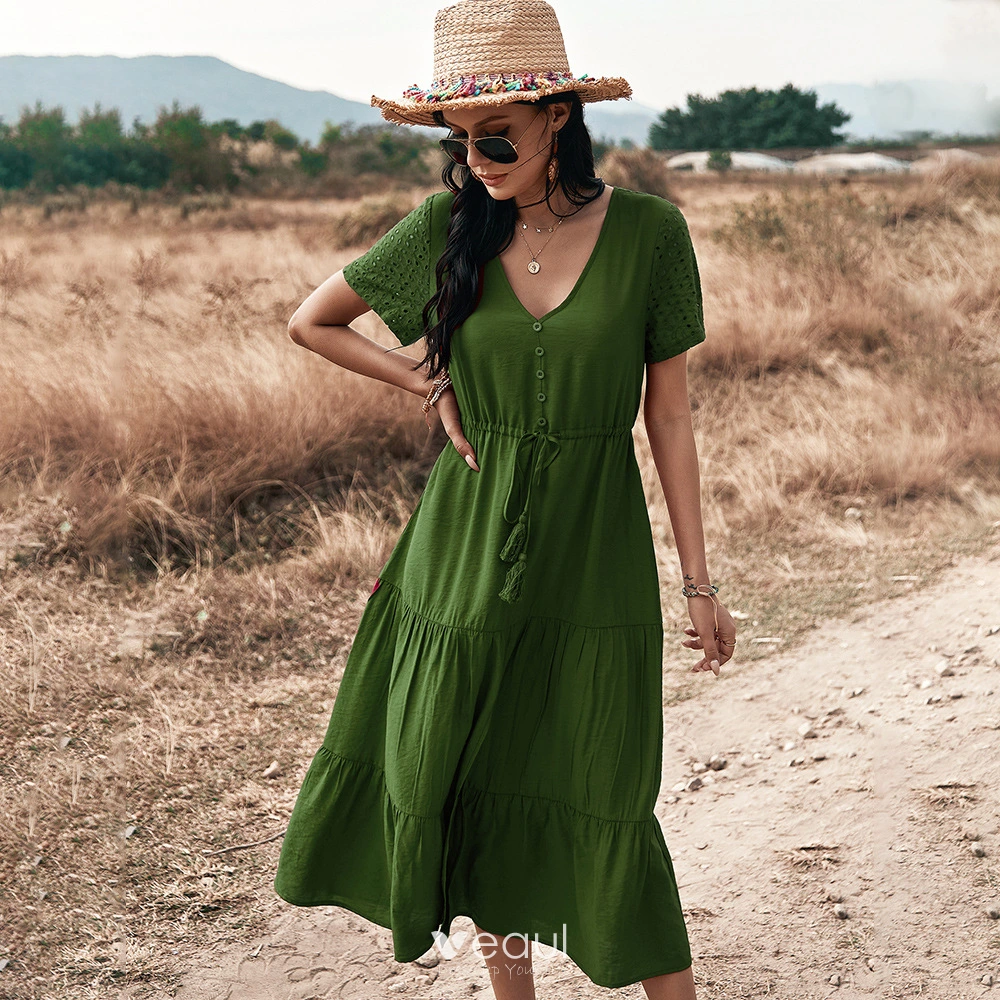 white christmas dresses Women Elegant Casual Green Sling Print Summer Dress – HER SHOP main image 1