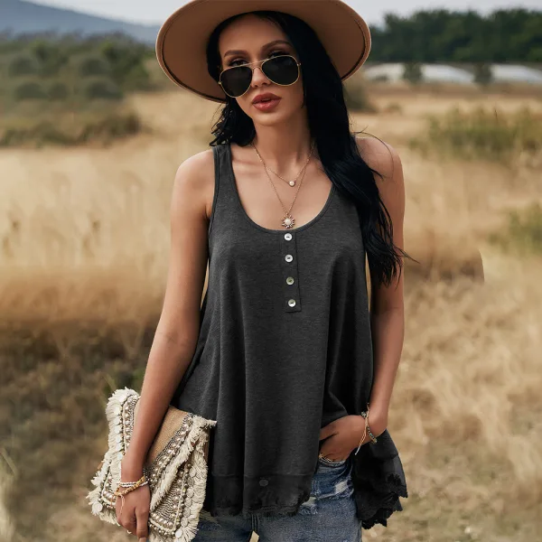 Sexy Spring Summer Casual Navy Blue Women's Tops 2021 Cotton U-Neck Sleeveless Buttons Loose Women Tops