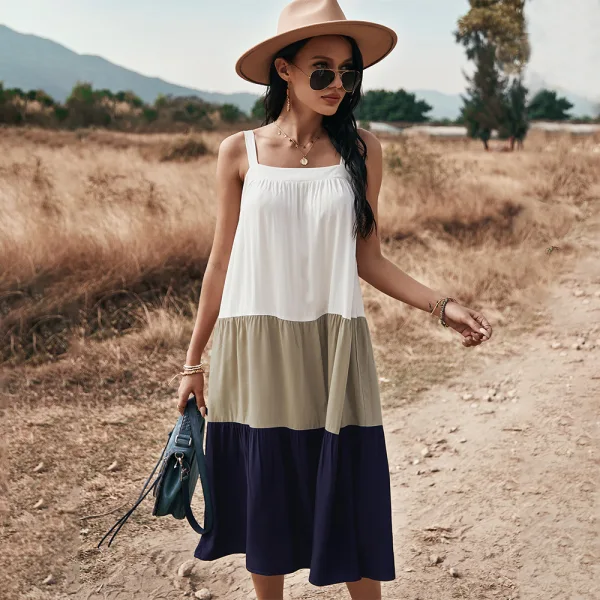 Chic / Beautiful Spring Summer Street Wear Ocean Blue Patchwork Women Dresses 2021 Spaghetti Straps Loose Sleeveless