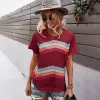 Fashion Spring Summer Candy Pink Street Wear Multi-Colors Striped T-Shirts 2021 Cotton Scoop Neck Loose Short Sleeve Women Tops