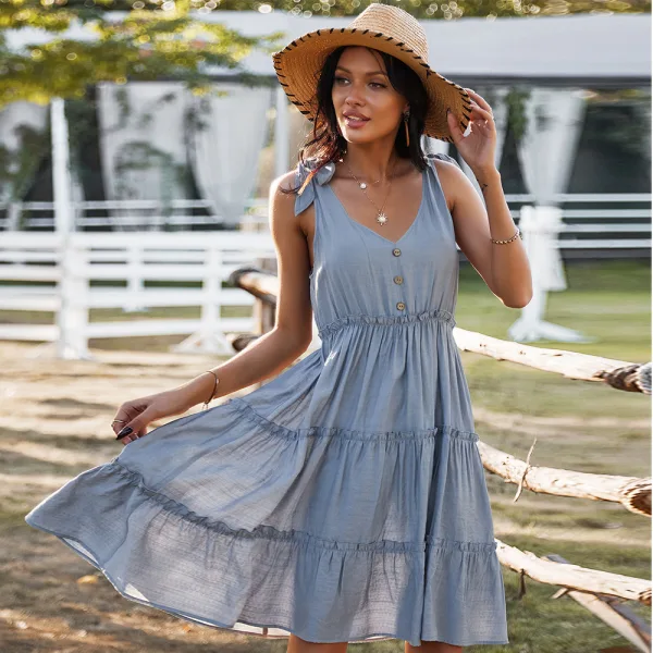 Sexy Orange Spring Summer Street Wear Ruffle Women Dresses 2021 V-Neck Sleeveless Buttons Bow Loose