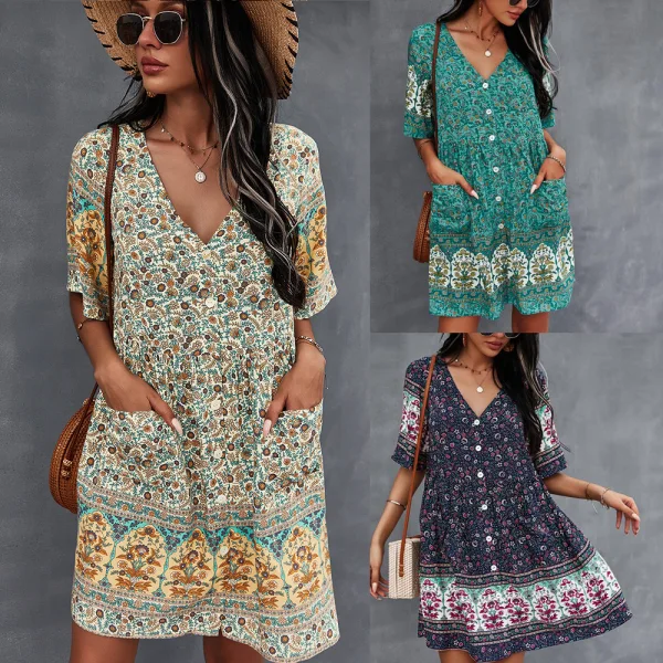 Bohemia Spring Summer Resort Wear Khaki Floral Women Dresses 2021 V-Neck Short Sleeve Loose