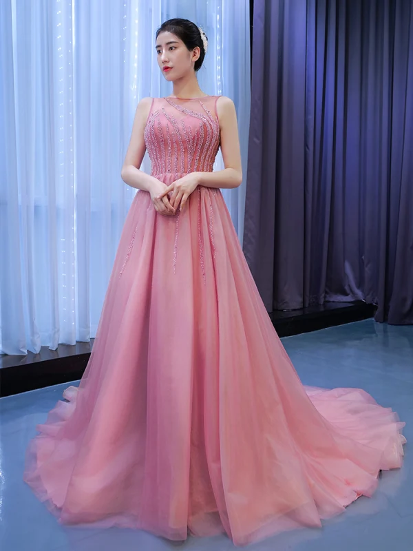 High-end Blushing Pink Beading Prom Dresses 2021 A-Line / Princess Scoop Neck Sleeveless Backless Court Train Prom Formal Dresses