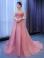 High-end Blushing Pink Beading Prom Dresses 2021 A-Line / Princess Scoop Neck Sleeveless Backless Court Train Prom Formal Dresses
