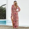 Chic / Beautiful Spring Summer Resort Wear Beach Red Floral Maxi Dresses 2021 V-Neck Long Sleeve Floor-Length / Long Women Dresses