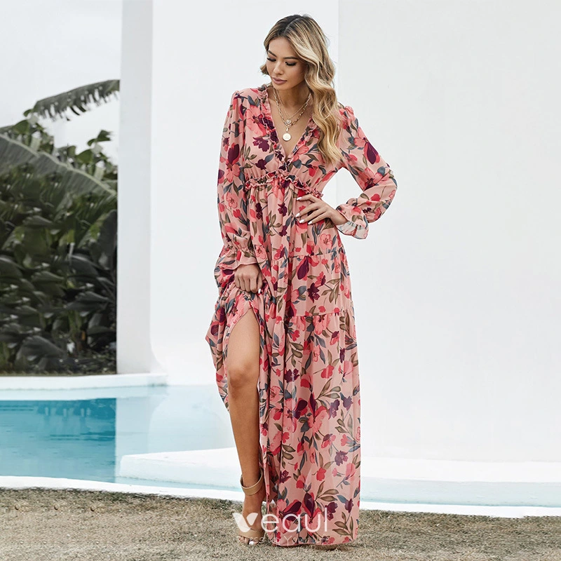 Mooie Prachtige Voorjaar Zomer Resort slijtage Strand Rode Bloemen Maxi jurken 2021 V Hals Lange Mouwen Lange Dames Jurken