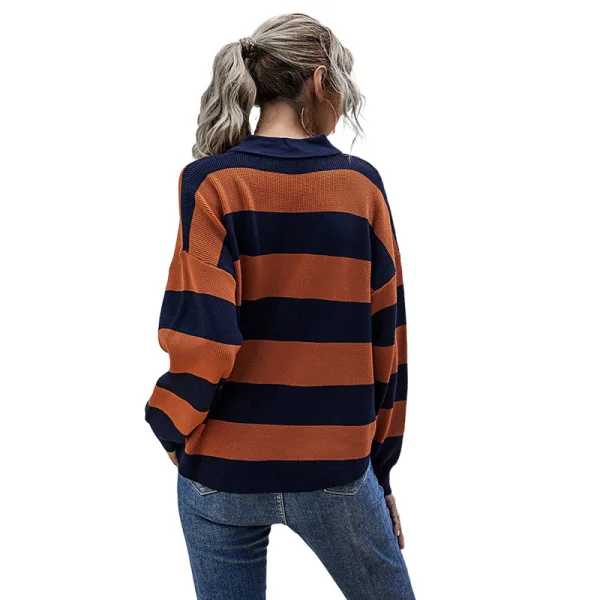 Fashion Fall Winter Street Wear Orange Lapel Stripe Sweaters 2021 Cotton Long Sleeve Regular Women Tops