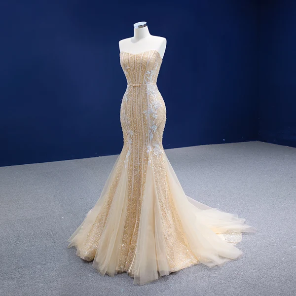 Sexy Charmant Champagne Perlage Trompette / Sirène Robe De Mariée 2021 Sans Manches Perle En Dentelle Fleur Noeud Ceinture Paillettes Bustier