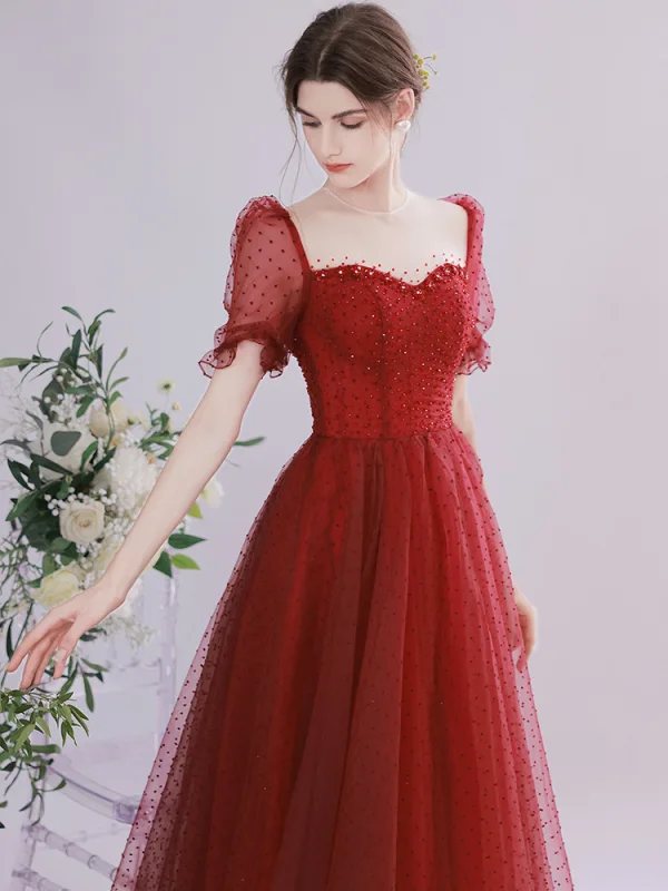 Elegant Burgundy Beading Prom Dresses 2021 A-Line / Princess Scoop Neck Sequins Short Sleeve Backless Floor-Length / Long Prom Formal Dresses
