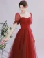 Elegant Burgundy Beading Prom Dresses 2021 A-Line / Princess Scoop Neck Sequins Short Sleeve Backless Floor-Length / Long Prom Formal Dresses
