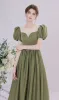 Vintage / Retro Olive Green Satin Homecoming Prom Dresses 2021 A-Line / Princess Scoop Neck Pearl Beading Puffy Short Sleeve Backless Floor-Length / Long Formal Dresses