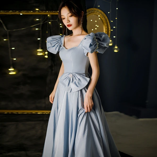 Vintage / Originale Bleu Ciel Robe De Bal 2021 Princesse Encolure Carrée Perlage Perle Noeud Gonflée Manches Courtes Dos Nu Longue Robe De Ceremonie