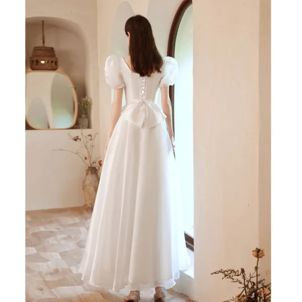 Vintage / Retro Modest / Simple Ivory Pearl Prom Dresses 2021 A-Line / Princess Square Neckline Puffy Short Sleeve Backless Bow Floor-Length / Long Formal Dresses