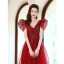 Elegant Burgundy Lace Flower Prom Dresses 2021 A-Line / Princess V-Neck Beading Pearl Cap Sleeves Backless Floor-Length / Long Formal Dresses