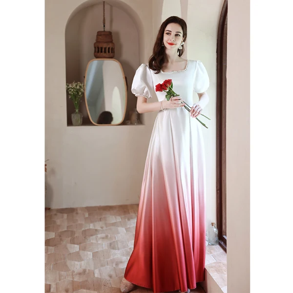 Fashion Gradient-Color Pearl Prom Dresses 2021 A-Line / Princess Satin Square Neckline Puffy Short Sleeve Backless Floor-Length / Long Formal Dresses