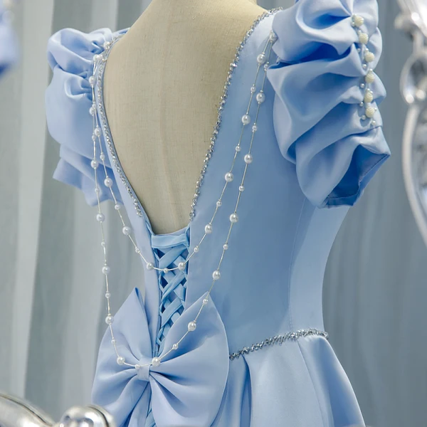 Chic / Belle Bleu Ciel Robe De Bal 2021 Princesse Encolure Carrée Perle Faux Diamant Manches Courtes Dos Nu Noeud Longue Robe De Ceremonie