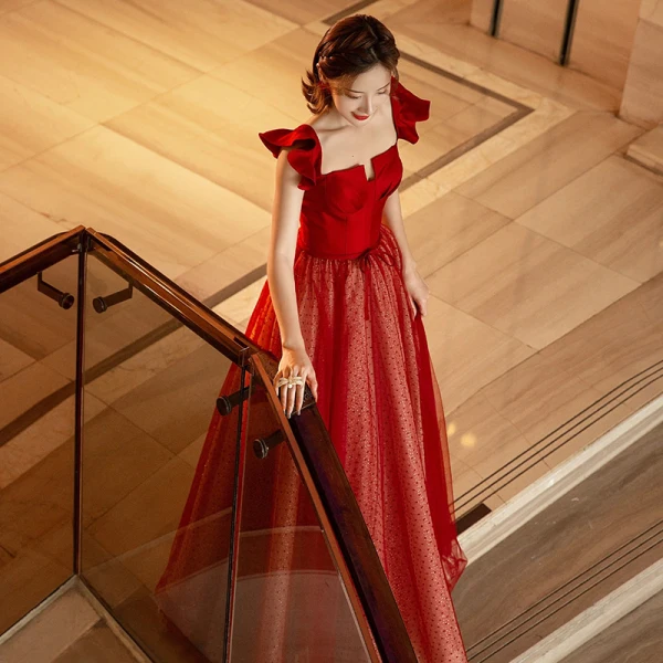 Charming Burgundy Evening Dresses  Prom Dresses 2021 A-Line / Princess Satin Square Neckline Sequins Bow Short Sleeve Backless Floor-Length / Long Formal Dresses