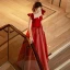 Charming Burgundy Evening Dresses  Prom Dresses 2021 A-Line / Princess Satin Square Neckline Sequins Bow Short Sleeve Backless Floor-Length / Long Formal Dresses