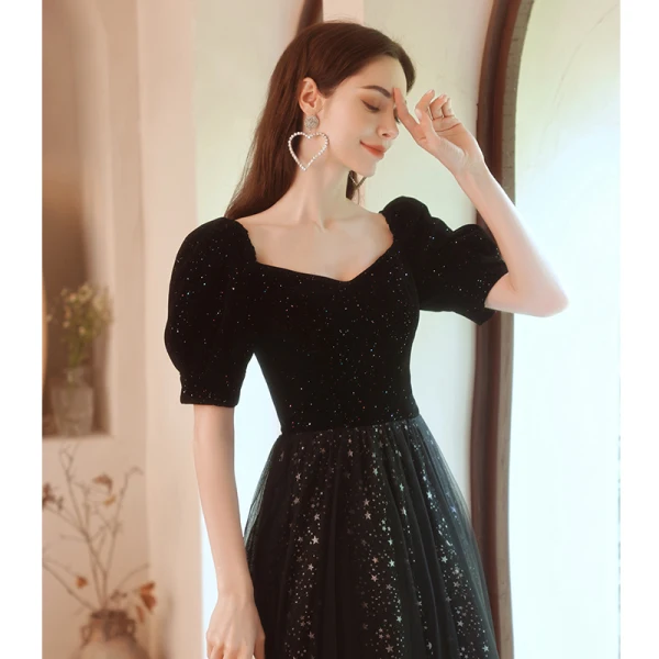 Chic / Belle Bling Bling Noire Étoile Paillettes Robe De Bal 2021 Princesse Encolure Carrée Manches Courtes Longue Robe De Ceremonie