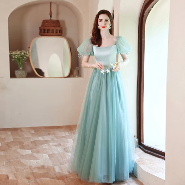 Elegant Mint Green Prom Dresses 2021 A-Line Princess Square Neckline Puffy Short Sleeve Elegant Mint Green Prom Dresses 2021 A-Line Princess Square Neckline Puffy Short Sleeve