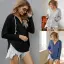 Comfortable Fall Winter Casual Black Solid Color Hooded Loose Sweatshirts 2021 V-Neck Long Sleeve Women Tops