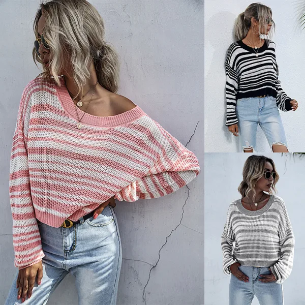 Comfortable Fall Winter Grey Striped Regular Sweaters 2021 Cotton Scoop Neck Long Sleeve Women Tops