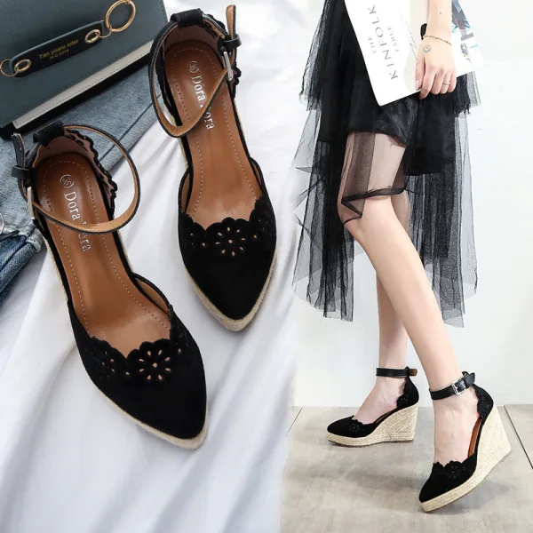 Chic / Beautiful Beige Casual Pierced Flower Womens Shoes 2021 Ankle Strap 10 cm Wedges Pointed Toe Sandals High Heels