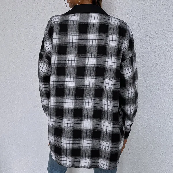 Désinvolte Tomber Hiver Noire Blanche Plaid Ample Blouses 2021 Revers Manches Longues Femme Hauts