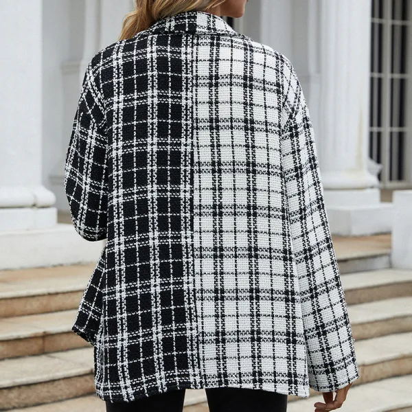 Fashion Two Tone White Black Plaid Fall Winter Street Wear Coats & Jackets 2021 Lapel Loose Long Sleeve Women Tops